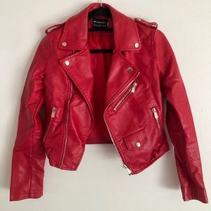 Cropped Red Faux Leather Jacket
